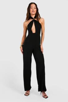 Hoge Linnenlook Jumpsuit Met Gouden Afwerking, Halterneck En Wijde Pijpen, Black - 42