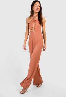 Hoge Linnenlook Jumpsuit Met Gouden Afwerking, Halterneck En Wijde Pijpen, Rust - 44