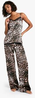 Hoge Luipaardprint Kantbestrijkte Satijn Cami Top & Broek Pyjama Set, Leopard - 36