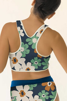 Hoge Taille Bloemen Rits Bikini Donkerblauw