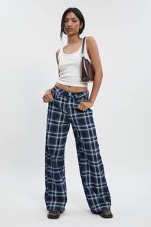 Hoge Taille Geruite Denim Jeans Met Wijde Pijpen, Indigo - 34