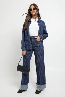 Hoge Taille Gestreept Omgeslagen Jeans Met Wijde Pijpen, Indigo - 34