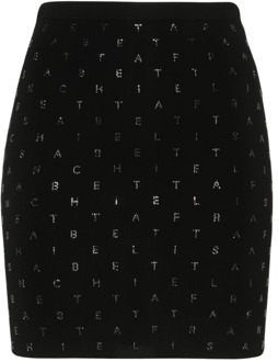 Hoge taille stretch rok met strass lettering Elisabetta Franchi , Black , Dames - L,M,S