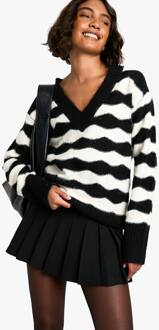 Hoge V-Hals Gestreepte Oversized Gebreide Trui, Black - M