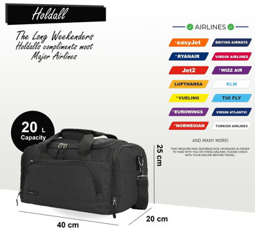 Holdall Carry On 40x 20 x 25cm Onder-stoel reistas voor Ryanair, Easy Jet Zwart - One Size