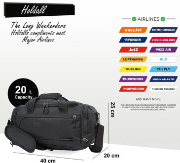 Holdall Carry On 40x 20 x 25cm Onder-stoel reistas voor Ryanair, Easy Jet Zwart - One Size