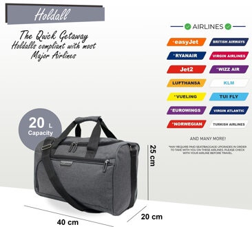 Holdall Handbagage 40x 20 x 25cm Onder-stoel reistas voor Ryanair, Easy Jet Grijs - One Size