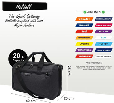 Holdall Handbagage 40x 20 x 25cm Onder-stoel reistas voor Ryanair, Easy Jet Zwart - One Size