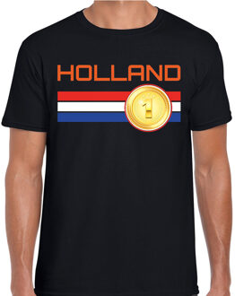 Holland landen t-shirt met medaille en Nederlandse vlag - zwart - heren -  Holland landen shirt / kleding - EK / WK / Olympische spelen outfit M