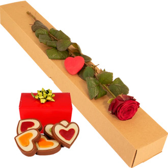 Hollandse rode roos + 140 gram hartjes chocolade