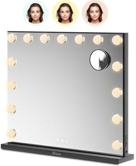 Hollywood Make Up Spiegel - Led Verlichting - 10x Zoom - Ophangbaar - Zwart - 58x48cm