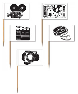 Hollywood thema cocktailprikkers - 50x stuks - 6,5 cm - film/bioscoop versiering Multi