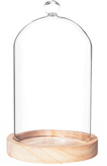 Home decoratie glazen stolp op houten plateau - glas/lichtbruin - D12 x H19 cm - Decoratieve stolpen Transparant