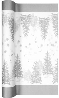 Home fashion kerst tafelloper, formaat 490 x 40 cm. - tree and snowflakes silver