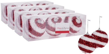 Home & Styling 12x stuks gedecoreerde kerstballen rood/wit kunststof 8 cm