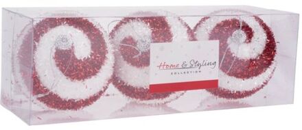 Home & Styling 3x stuks gedecoreerde kerstballen rood/wit kunststof 10 cm - Kerstbal