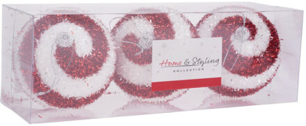 Home & Styling 3x stuks gedecoreerde kerstballen rood/wit kunststof 10 cm