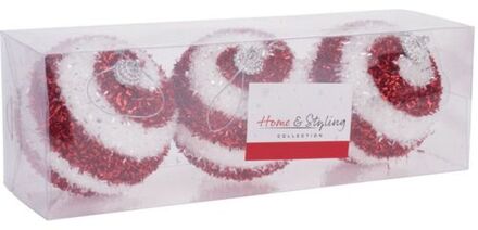 Home & Styling 3x stuks gedecoreerde kerstballen rood/wit kunststof 8 cm - Kerstbal