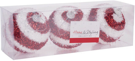 Home & Styling 3x stuks gedecoreerde kerstballen rood/wit kunststof 8 cm