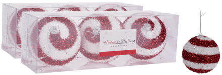 Home & Styling 6x stuks gedecoreerde kerstballen rood/wit kunststof 10 cm