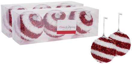 Home & Styling 6x stuks gedecoreerde kerstballen rood/wit kunststof 8 cm