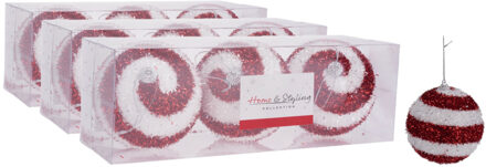 Home & Styling 9x stuks gedecoreerde kerstballen rood/wit kunststof 10 cm