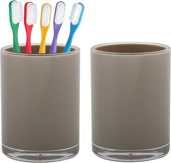Home & Styling badkamer bekers - 2x - tandenborstelhouder - Troyes - kunststof - beige - 7 x 9 cm