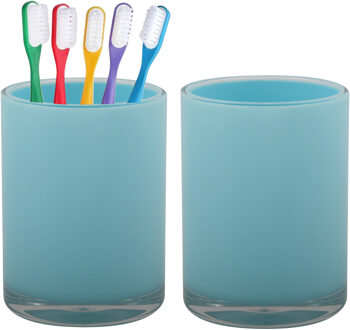 Home & Styling badkamer bekers - 2x - tandenborstelhouder - Troyes - kunststof - blauw - 7 x 9 cm