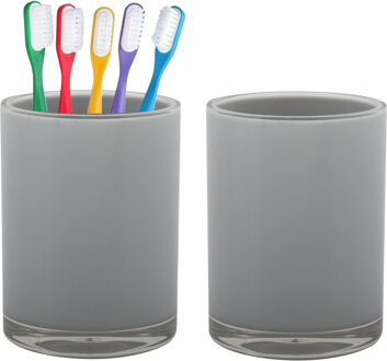 Home & Styling badkamer bekers - 2x - tandenborstelhouder - Troyes - kunststof - grijs - 7 x 9 cm