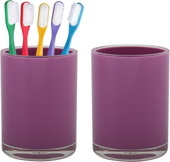 Home & Styling badkamer bekers - 2x - tandenborstelhouder - Troyes - kunststof - paars - 7 x 9 cm