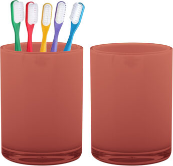 Home & Styling badkamer bekers - 2x - tandenborstelhouder - Troyes - kunststof - terra - 7 x 9 cm