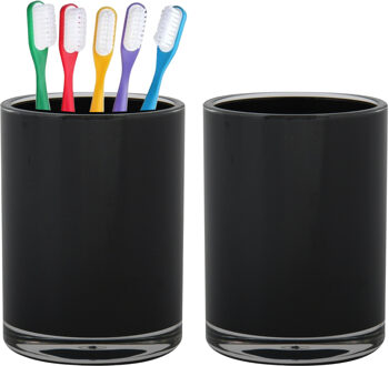 Home & Styling badkamer bekers - 2x - tandenborstelhouder - Troyes - kunststof - zwart - 7 x 9 cm