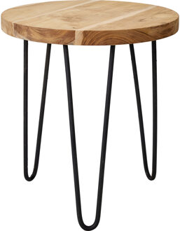 Home & Styling Bijzettafel - zwart/bruin - metaal en teak hout - D38 cm - plantenpot verhoger - binn