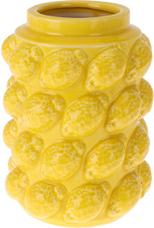 Home & Styling Bloemenvaas citroenen - geel - keramiek - D14 x H19 cm - fruitvaas citroen patroon