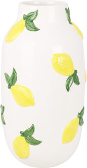 Home & Styling Bloemenvaas citroenen - wit - keramiek - D16 x H30 cm - fruitvaas citroen patroon