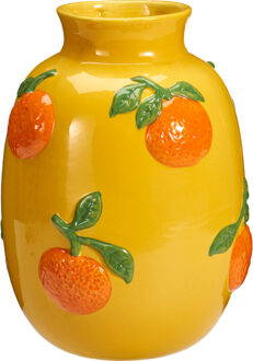 Home & Styling Bloemenvaas sinaasappels - geel - keramiek - D17 x H25 cm - fruitvaas citroen patroon