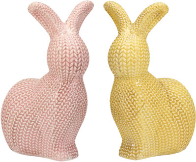 Home & Styling Decoratie paashaas / konijn - 2x stuks - roze en geel - dolomiet - 14 cm - paasdecoratie
