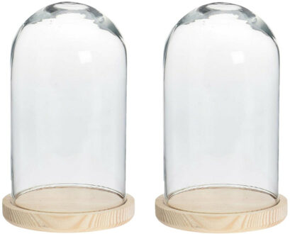 Home & Styling Decoratie stolp - 2x - van glas op houten plateau - D14 x H28 cm - Decoratieve stolpen Transparant