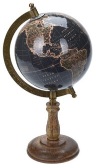 Home & Styling Decoratie Wereldbol/globe Zwart Op Mangohouten Voet 13 X 28 Cm - Wereldbollen