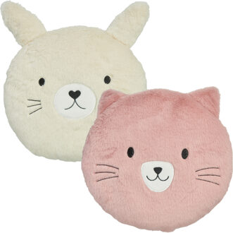 Home & Styling Dieren sierkussen kamer - kat / konijn - roze / wit - 30 cm - 2 stuks