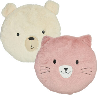 Home & Styling Dieren sierkussen - kat / ijsbeer - roze / wit - 30 cm - 2 stuks