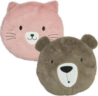 Home & Styling Dieren sierkussen kinderkamer - kat / beer - roze / bruin - 30 cm