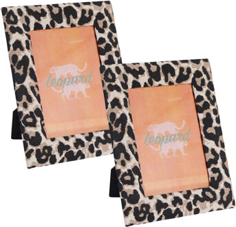 Home & Styling Fotolijstje Nel - 2x - luipaardprint - stof frame - voor foto van 10 x 15 cm - dierenprint