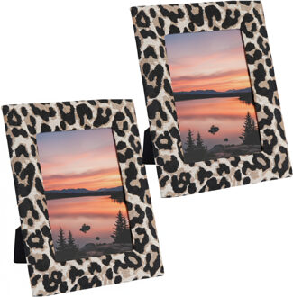 Home & Styling Fotolijstje Nel - 2x - luipaardprint - stof frame - voor foto van 13 x 18 cm - dierenprint