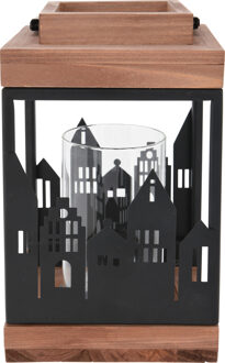 Home & Styling Houten lantaarn voor waxinelichtjes, kaarsen met skyline van de stad en handvat gemaakt van hout en metaal
