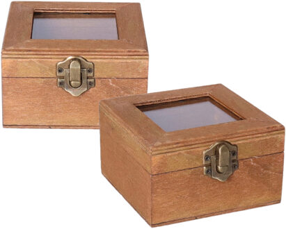 Home & Styling Houten opbergkistje met deksel - 2x - bruin - 10 x 10 x 6 cm - Sieraden/spulletjes/sleutels