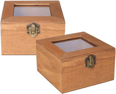 Home & Styling Houten opbergkistje met deksel - 2x - bruin - 12 x 12 x 8 cm - Sieraden/spulletjes/sleutels