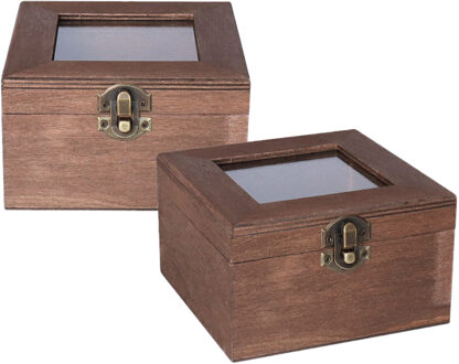 Home & Styling Houten opbergkistje met deksel - 2x - donkerbruin - 12 x 12 x 8 cm - Sieraden/spulletjes/sleutels