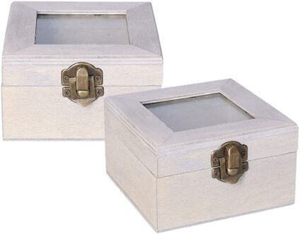 Home & Styling Houten opbergkistje met deksel - 2x - grijs - 10 x 10 x 6 cm - Sieraden/spulletjes/sleutels
