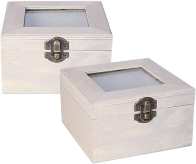 Home & Styling Houten opbergkistje met deksel - 2x - grijs - 12 x 12 x 8 cm - Sieraden/spulletjes/sleutels